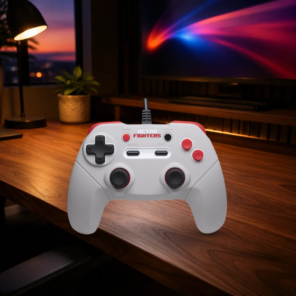 Retro Fighters JAB shown in a gaming desk setting; scene props not included