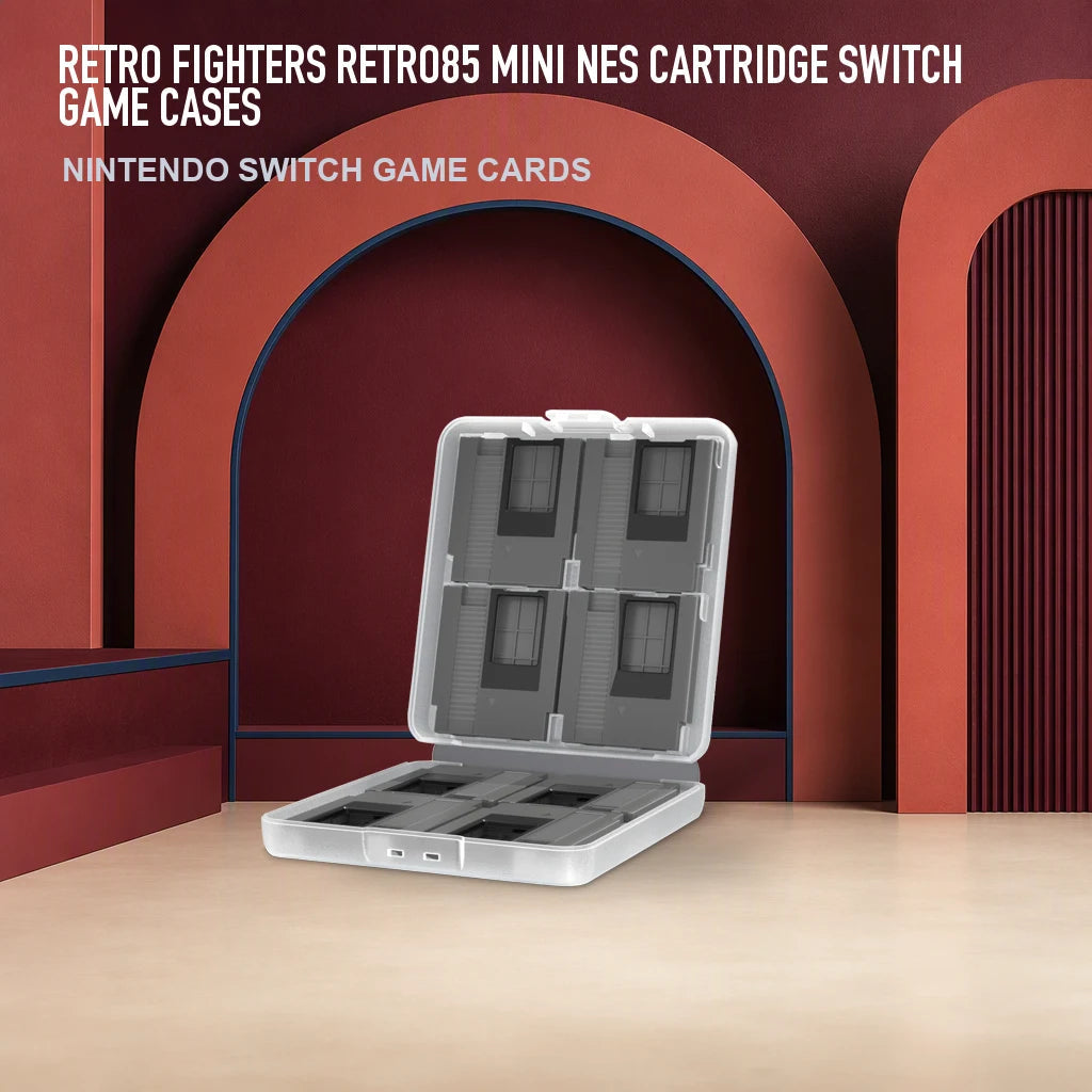 Retro Fighters Retro85 Mini NES Cartridge Switch Game Cases in an RGM retro studio display