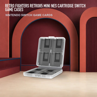 Retro Fighters Retro85 Mini NES Cartridge Switch Game Cases in an RGM retro studio display