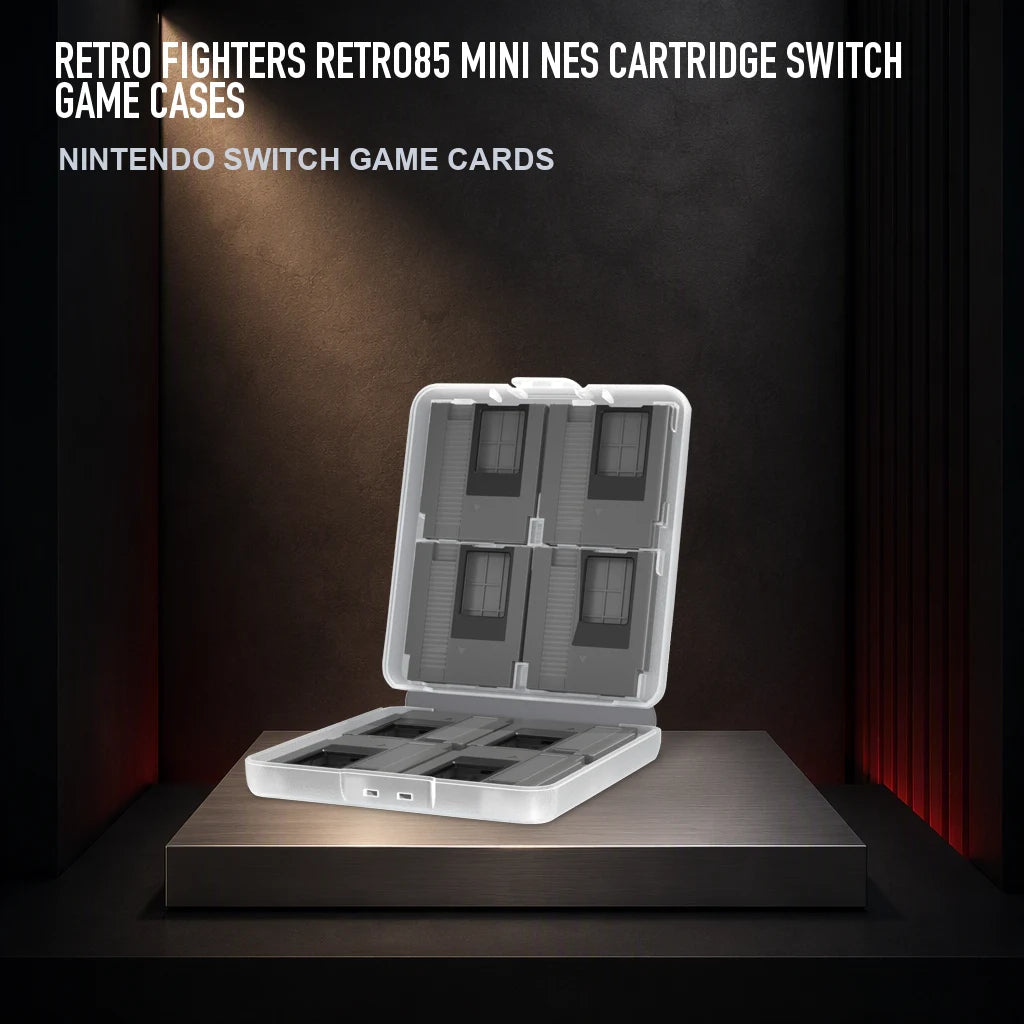 Retro Fighters Retro85 Mini NES Cartridge Switch Game Cases on a collector display plinth