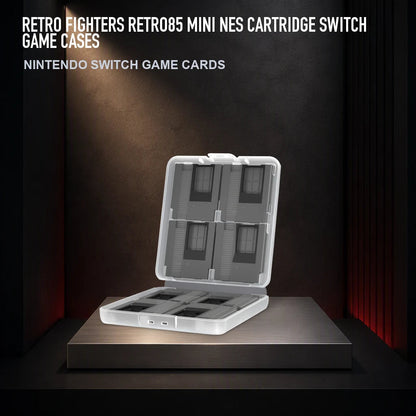 Retro Fighters Retro85 Mini NES Cartridge Switch Game Cases on a collector display plinth