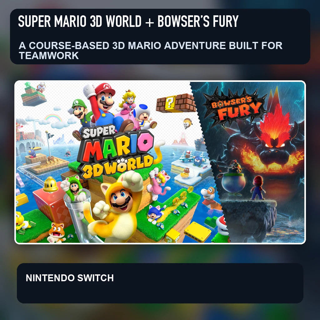 Super Mario 3D World + Bowser’s Fury key visual highlighting a course-based 3d mario adventure built for teamwork