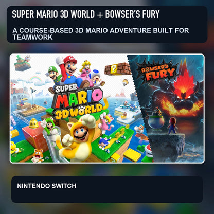 Super Mario 3D World + Bowser’s Fury key visual highlighting a course-based 3d mario adventure built for teamwork