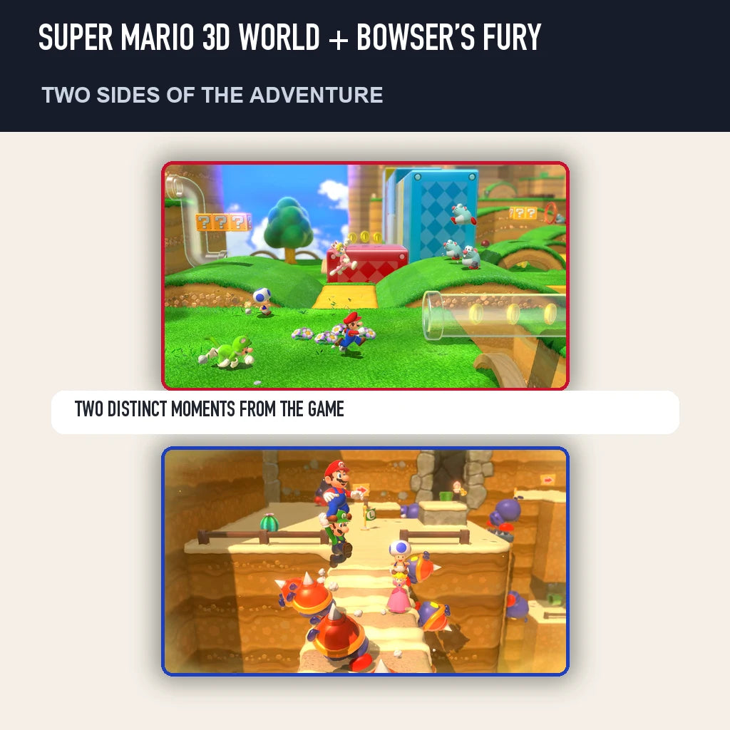 Two scenes from Super Mario 3D World + Bowser’s Fury showing distinct moments from the game