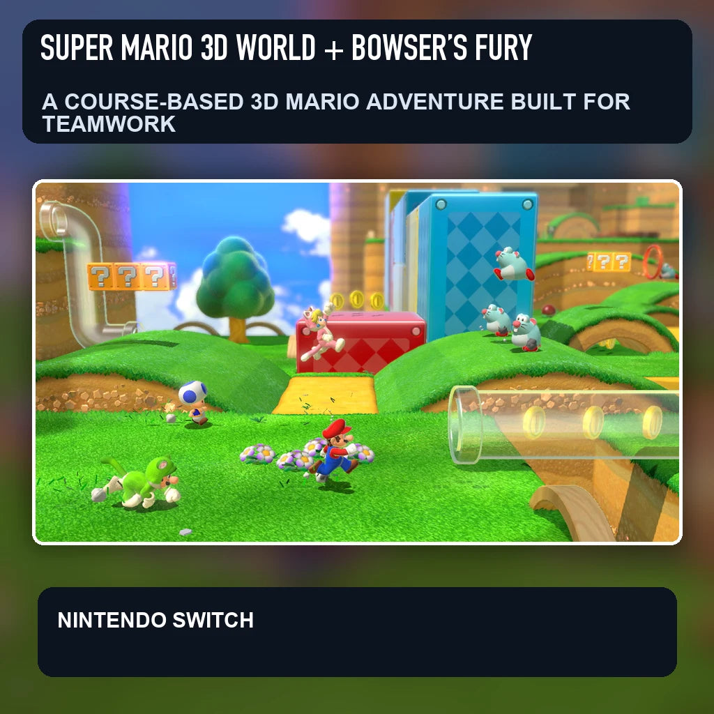 Super Mario 3D World + Bowser’s Fury scene illustrating a course-based 3d mario adventure built for teamwork