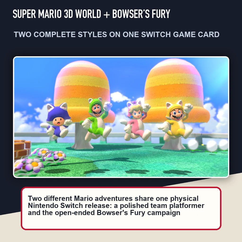Super Mario 3D World + Bowser’s Fury scene highlighting two complete styles on one switch game card