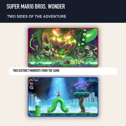 Two scenes from Super Mario Bros. Wonder showing distinct moments from the game
