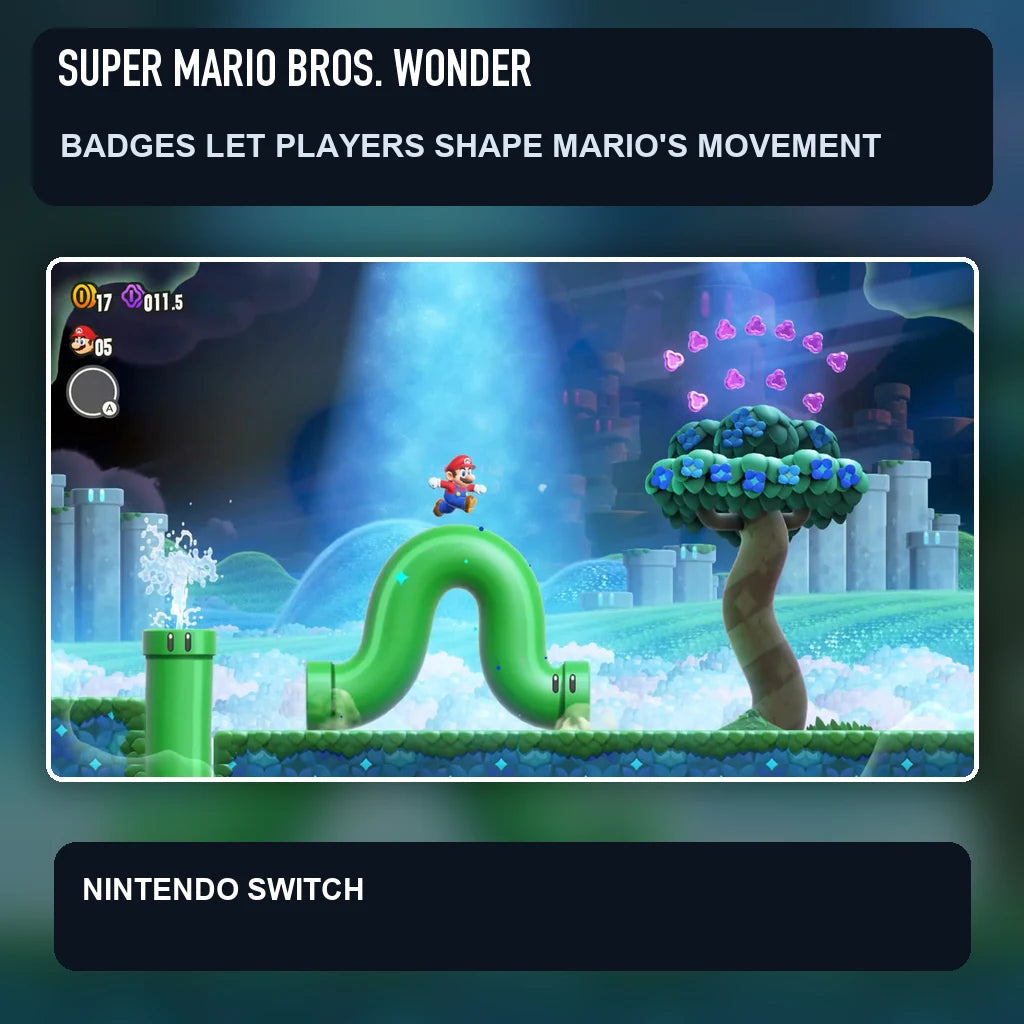 Super Mario Bros. Wonder scene illustrating badges let players shape mario's movement
