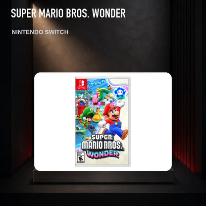 Super Mario Bros. Wonder physical game cover on a collector display plinth