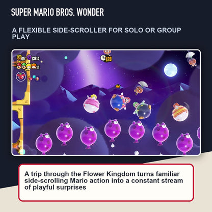 Super Mario Bros. Wonder scene highlighting a flexible side-scroller for solo or group play