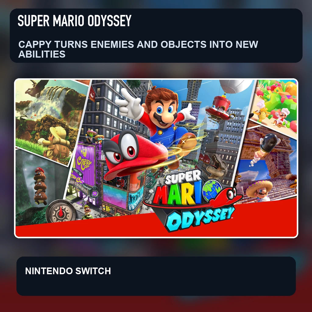 Super Mario Odyssey key visual highlighting cappy turns enemies and objects into new abilities
