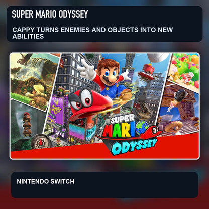 Super Mario Odyssey key visual highlighting cappy turns enemies and objects into new abilities
