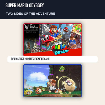 Two scenes from Super Mario Odyssey showing distinct moments from the game
