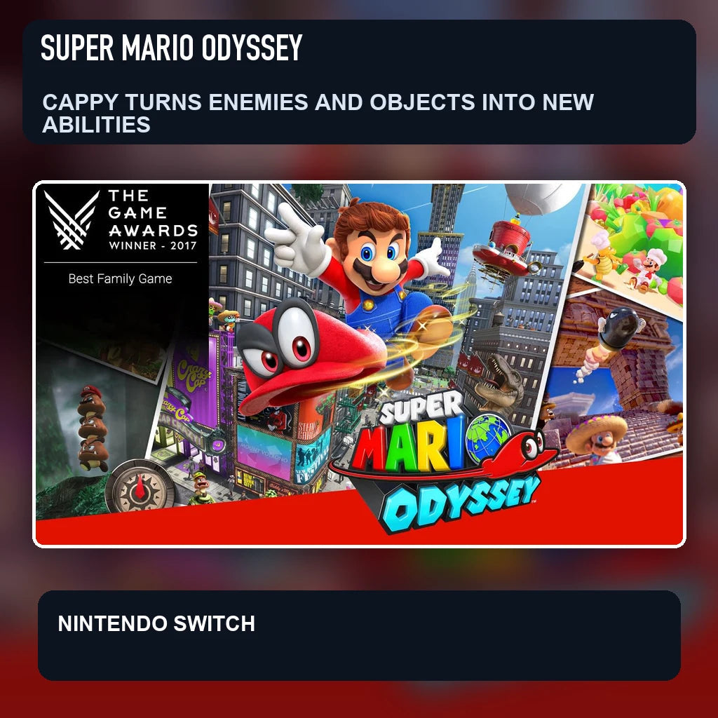 Super Mario Odyssey scene illustrating cappy turns enemies and objects into new abilities