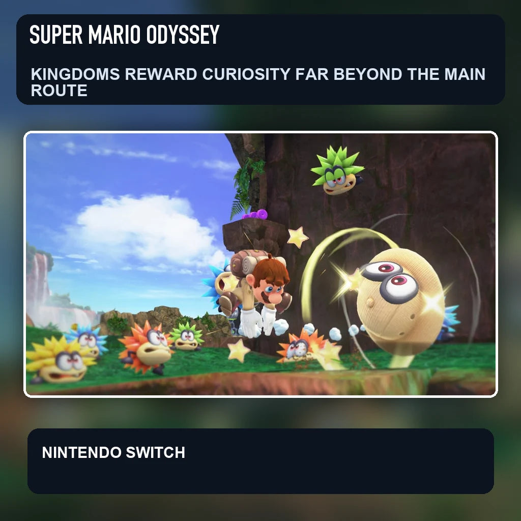 Super Mario Odyssey scene illustrating kingdoms reward curiosity far beyond the main route