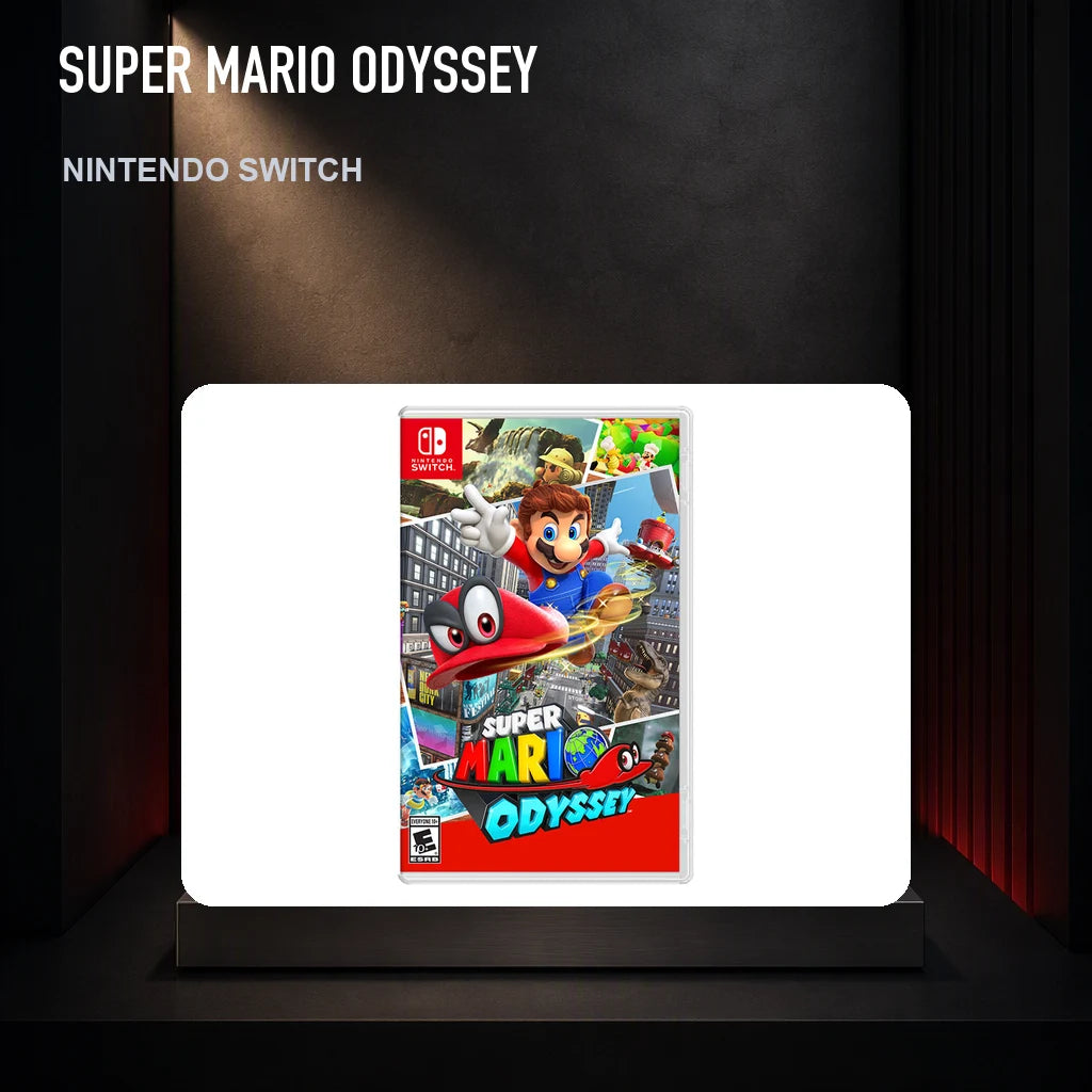 Super Mario Odyssey physical game cover on a collector display plinth