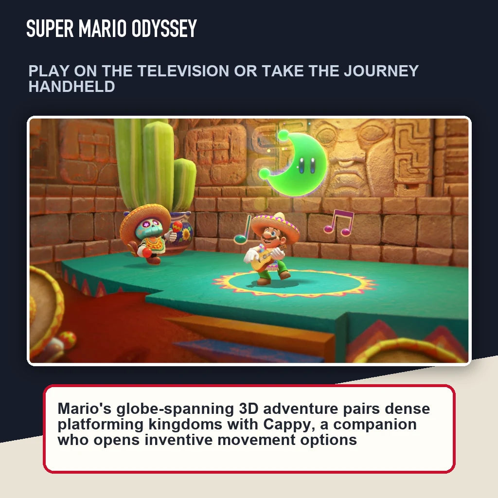 Super Mario Odyssey scene highlighting play on the television or take the journey handheld