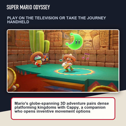 Super Mario Odyssey scene highlighting play on the television or take the journey handheld