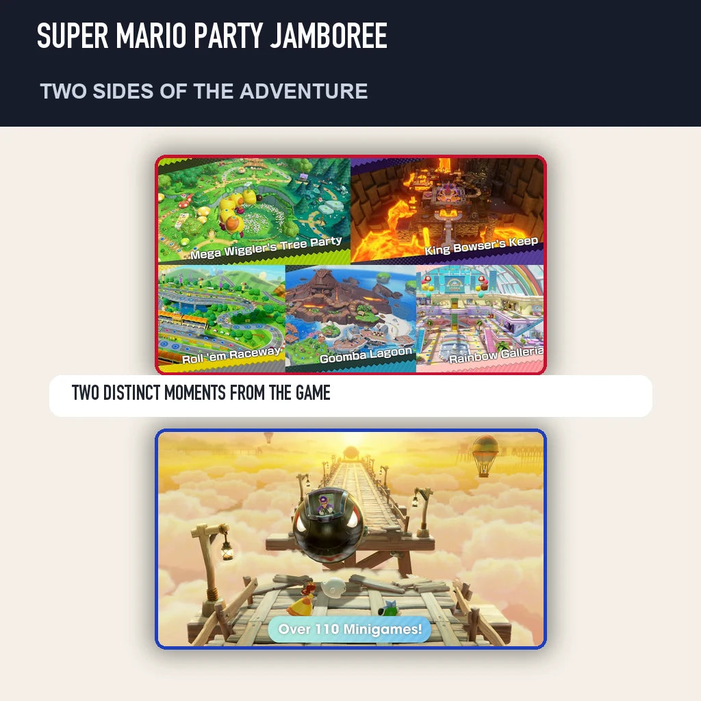 Two scenes from Super Mario Party Jamboree showing distinct moments from the game