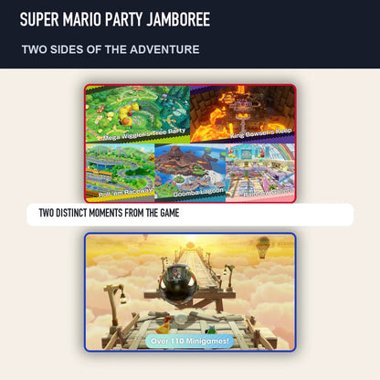 Two scenes from Super Mario Party Jamboree showing distinct moments from the game