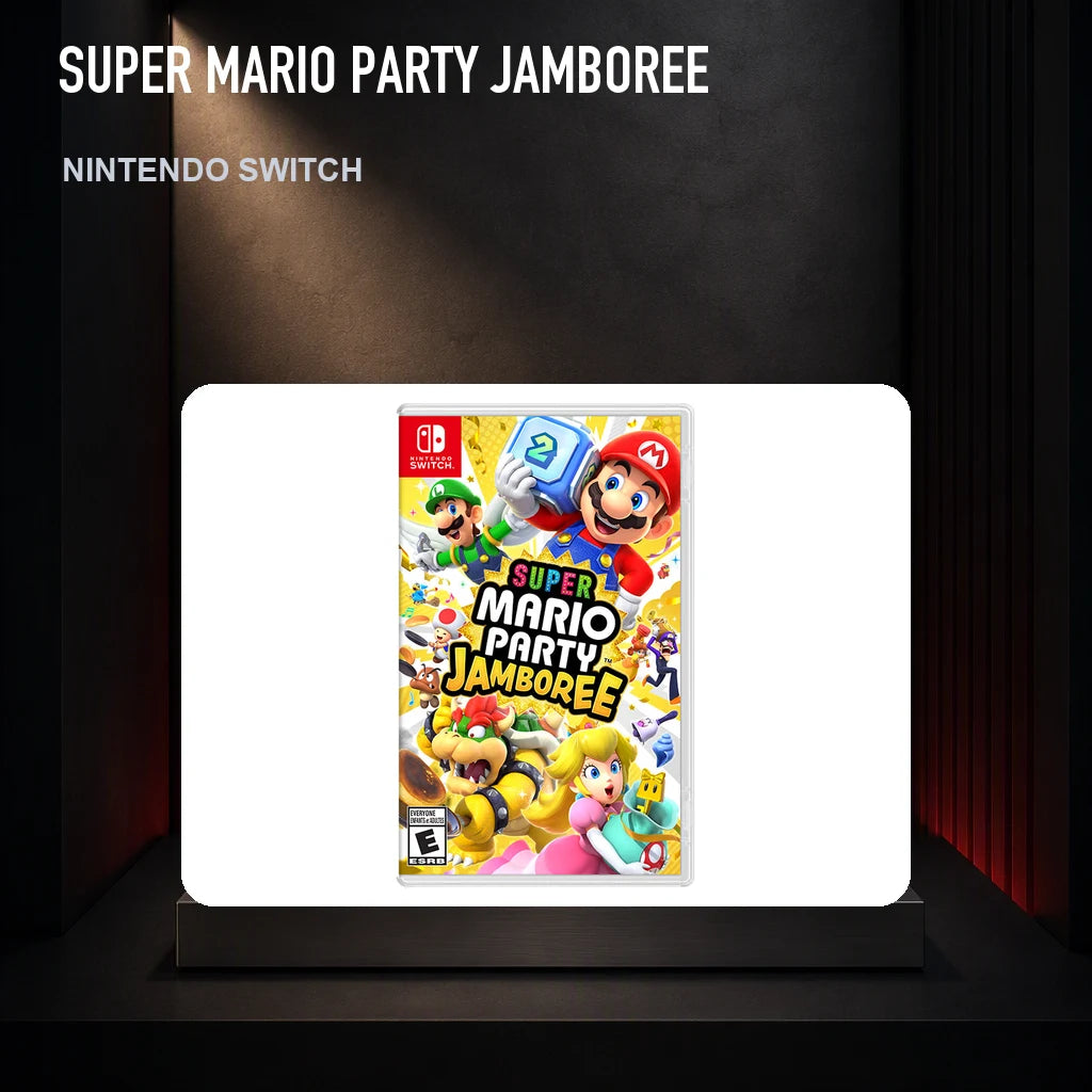 Super Mario Party Jamboree physical game cover on a collector display plinth