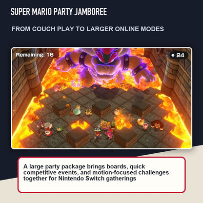 Super Mario Party Jamboree scene highlighting from couch play to larger online modes