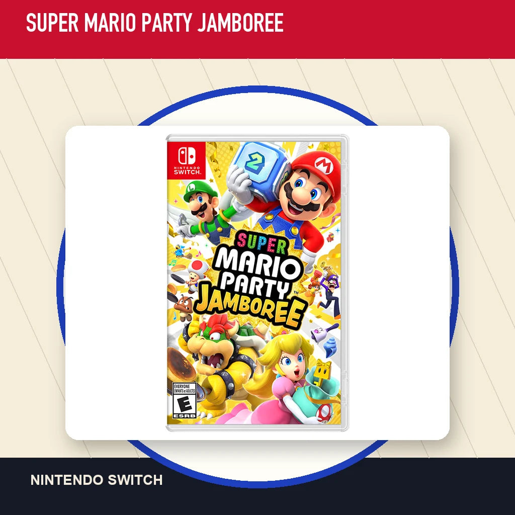 Super Mario Party Jamboree physical game cover in a minimal catalog layout