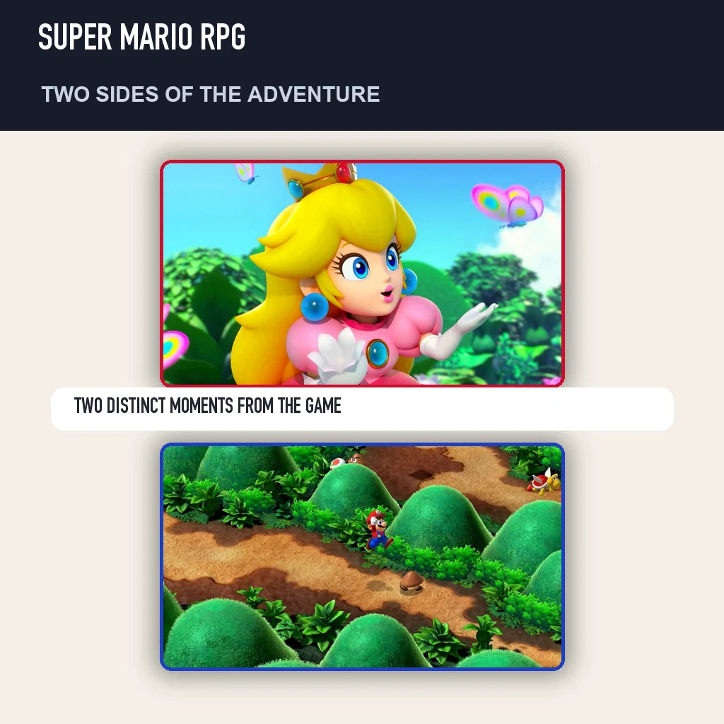 Two scenes from Super Mario RPG showing distinct moments from the game