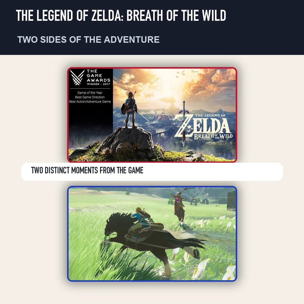 Two scenes from The Legend of Zelda: Breath of the Wild showing distinct moments from the game