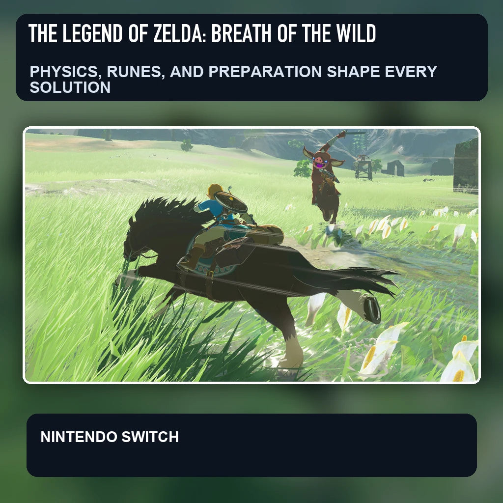 The Legend of Zelda: Breath of the Wild scene illustrating physics, runes, and preparation shape every solution