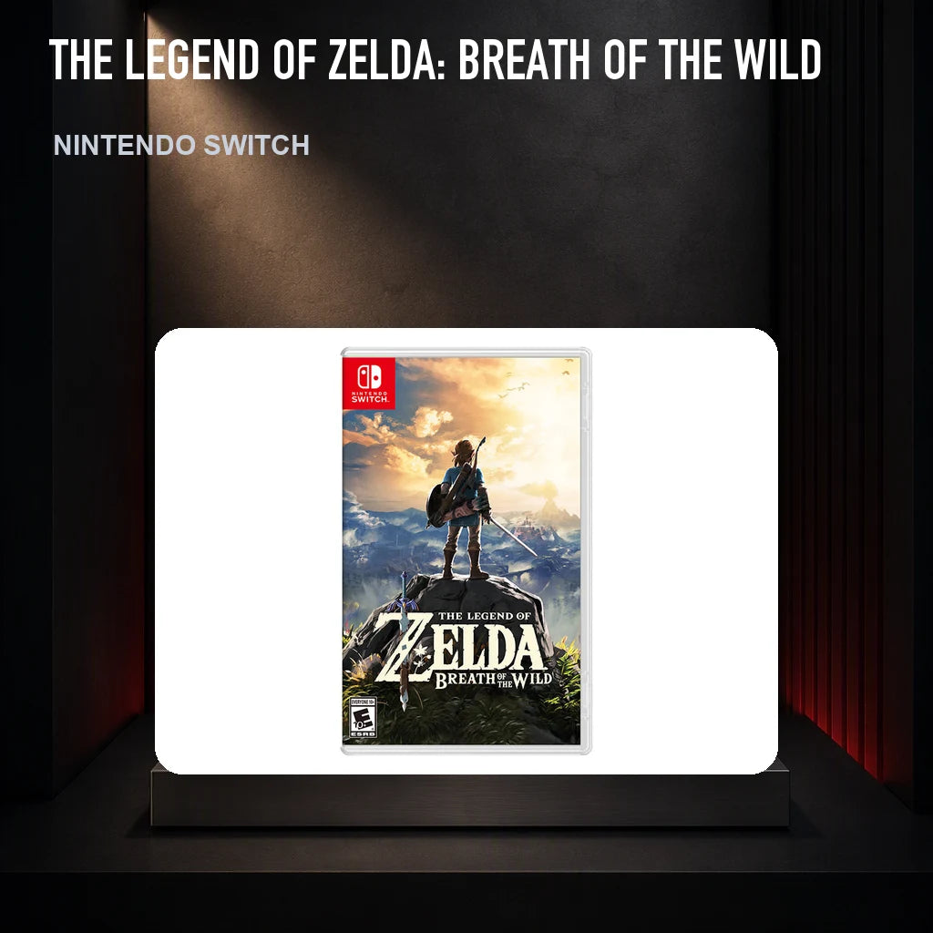 The Legend of Zelda: Breath of the Wild physical game cover on a collector display plinth