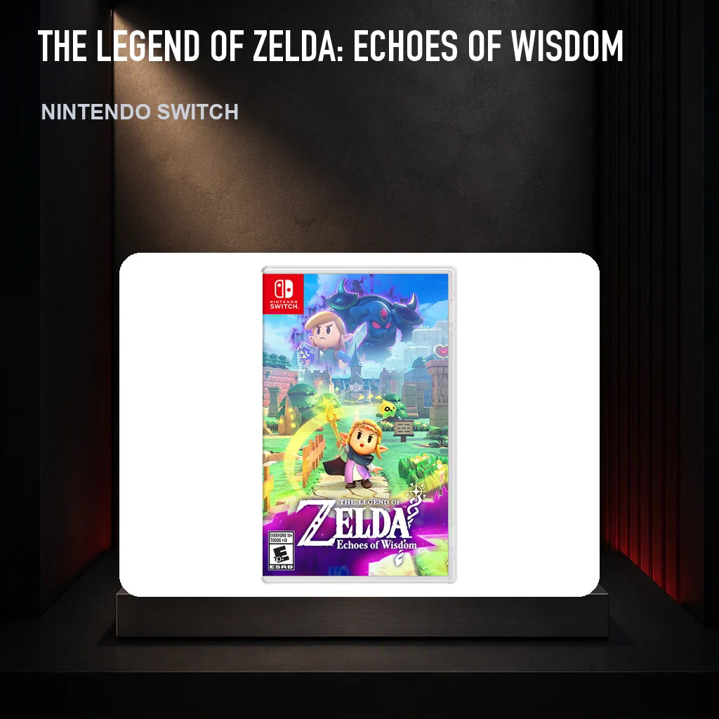 The Legend of Zelda: Echoes of Wisdom physical game cover on a collector display plinth