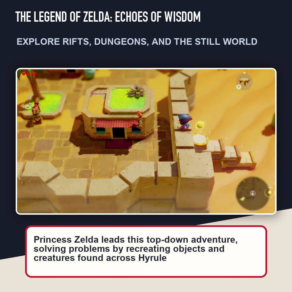 The Legend of Zelda: Echoes of Wisdom scene highlighting explore rifts, dungeons, and the still world