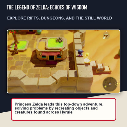 The Legend of Zelda: Echoes of Wisdom scene highlighting explore rifts, dungeons, and the still world