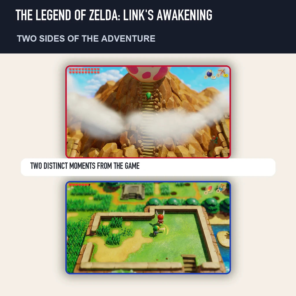 Two scenes from The Legend of Zelda: Link's Awakening showing distinct moments from the game