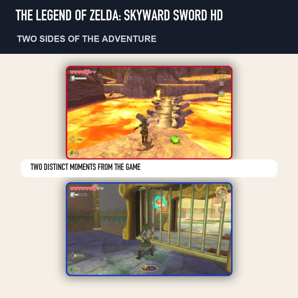 Two scenes from The Legend of Zelda: Skyward Sword HD showing distinct moments from the game