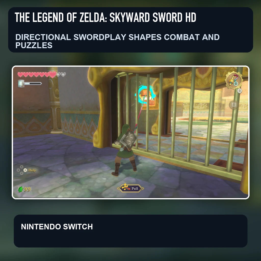 The Legend of Zelda: Skyward Sword HD scene illustrating directional swordplay shapes combat and puzzles
