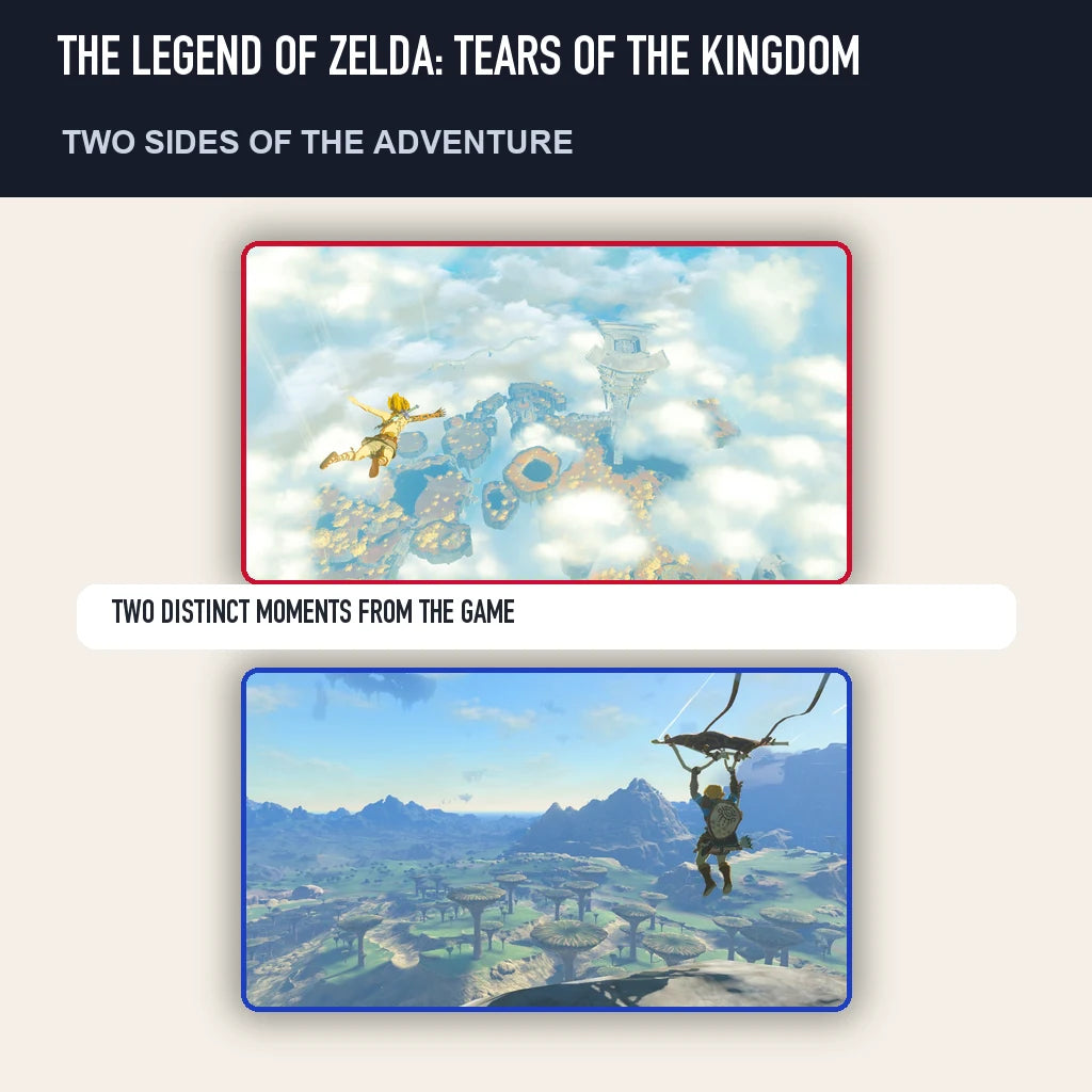 Two scenes from The Legend of Zelda: Tears of the Kingdom showing distinct moments from the game