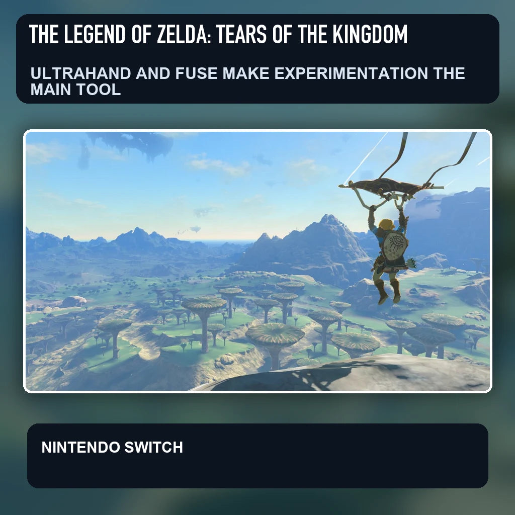 The Legend of Zelda: Tears of the Kingdom scene illustrating ultrahand and fuse make experimentation the main tool