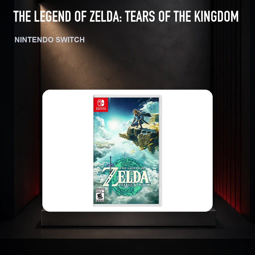 The Legend of Zelda: Tears of the Kingdom physical game cover on a collector display plinth