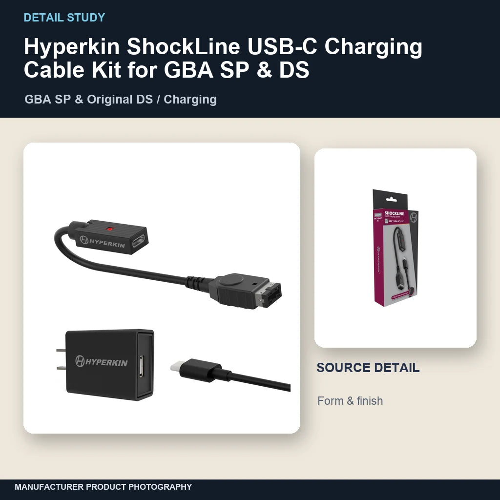 Hyperkin ShockLine USB-C Charging Cable Kit for GBA SP & DS: detail study