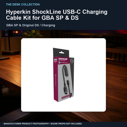 Hyperkin ShockLine USB-C Charging Cable Kit for GBA SP & DS: walnut desk