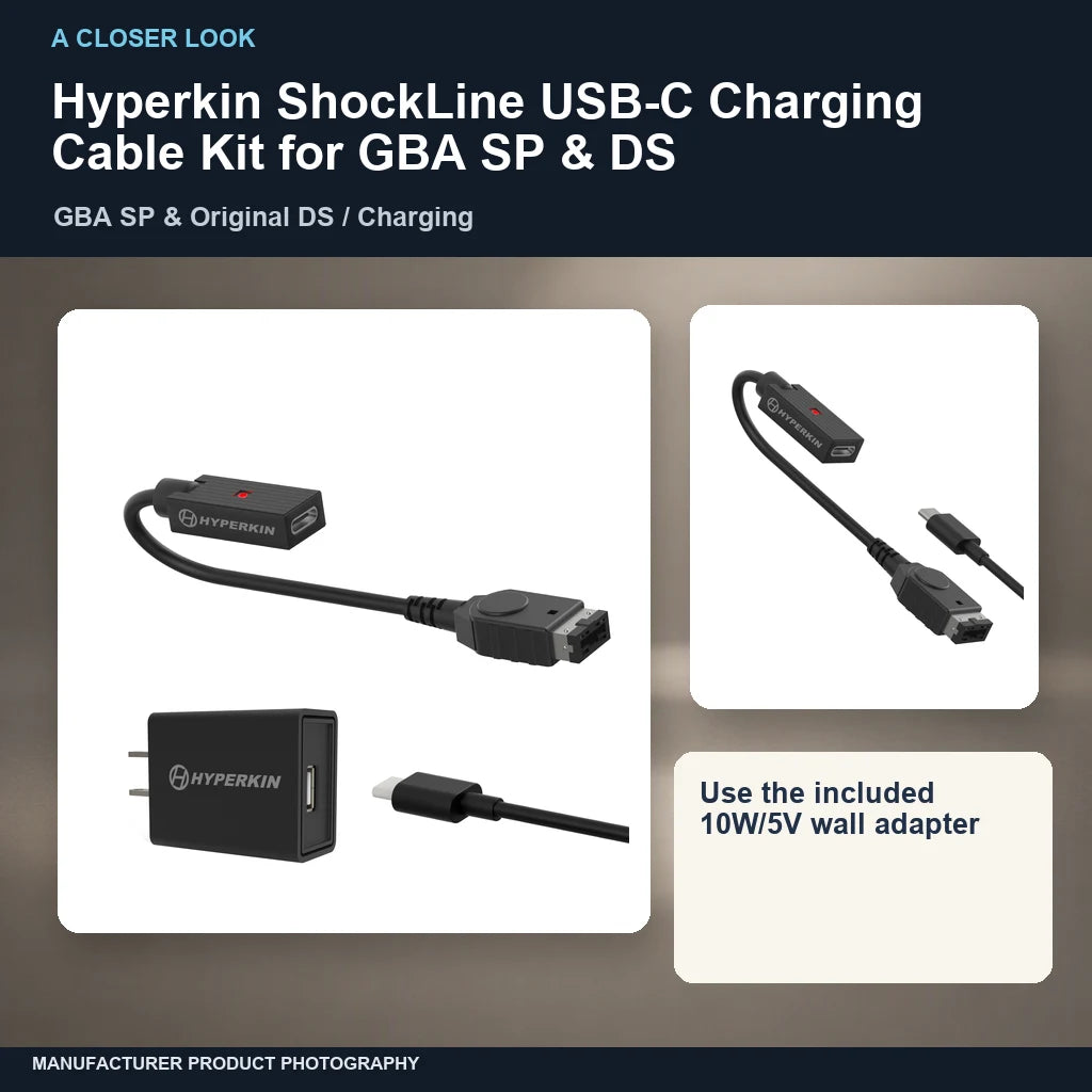 Hyperkin ShockLine USB-C Charging Cable Kit for GBA SP & DS: closer look
