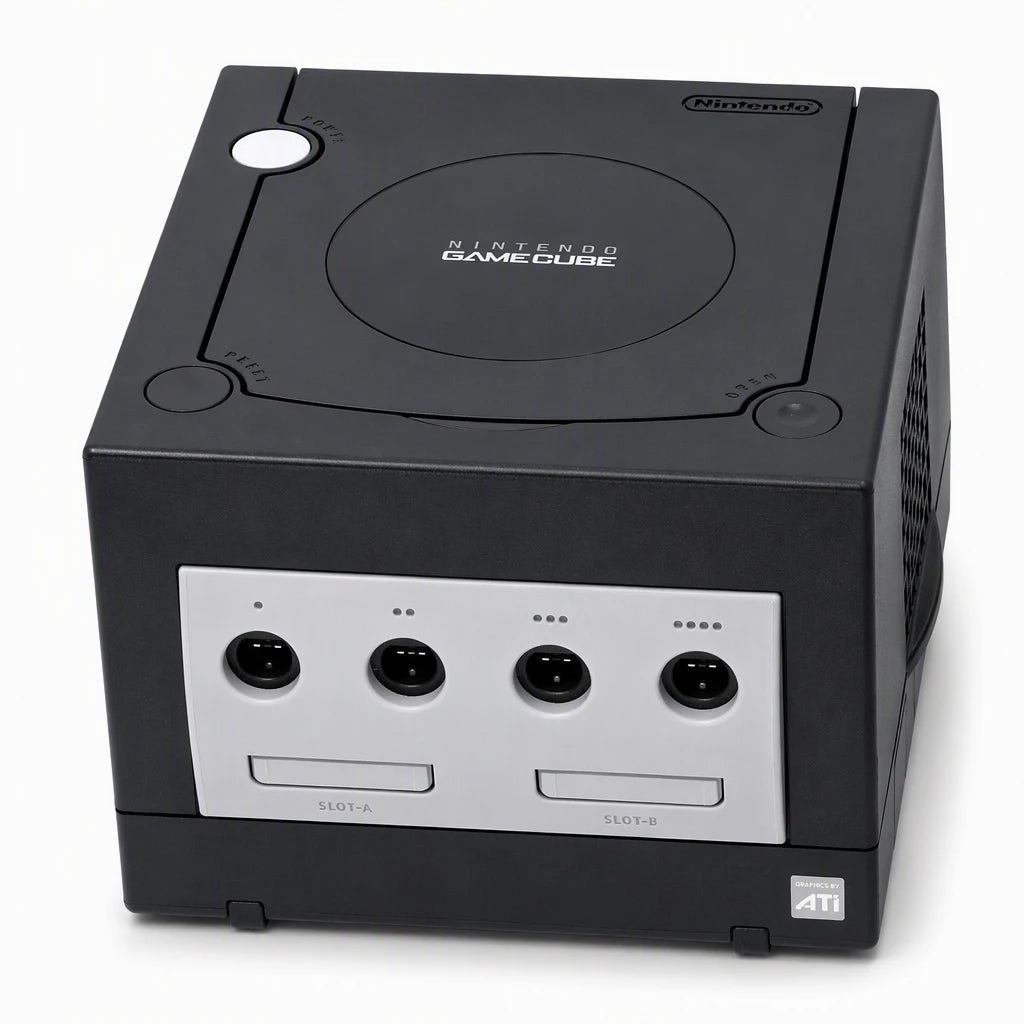 Representative Black Nintendo GameCube system one standalone black Nintendo GameCube console on a clean white catalog background, not the specific RGM unit