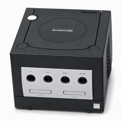 Representative Black Nintendo GameCube system one standalone black Nintendo GameCube console on a clean white catalog background, not the specific RGM unit