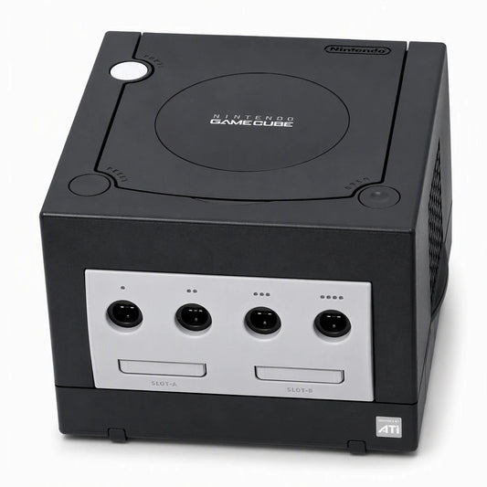 Representative Black Nintendo GameCube system one standalone black Nintendo GameCube console on a clean white catalog background, not the specific RGM unit