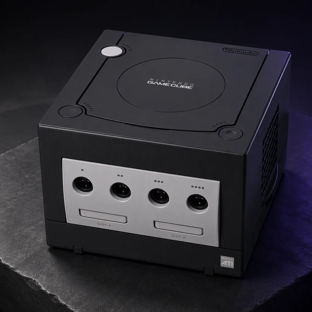 Representative Black Nintendo GameCube system one standalone black Nintendo GameCube console in a dark collector studio with sculpted side light, not the specific RGM unit