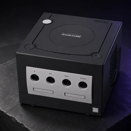 Representative Black Nintendo GameCube system one standalone black Nintendo GameCube console in a dark collector studio with sculpted side light, not the specific RGM unit