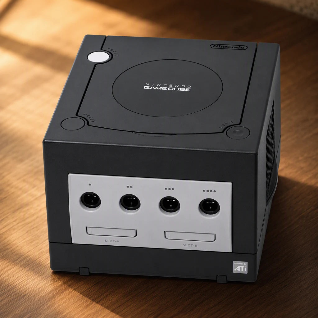 Representative Black Nintendo GameCube system one standalone black Nintendo GameCube console on a warm editorial tabletop with shallow depth of field, not the specific RGM unit