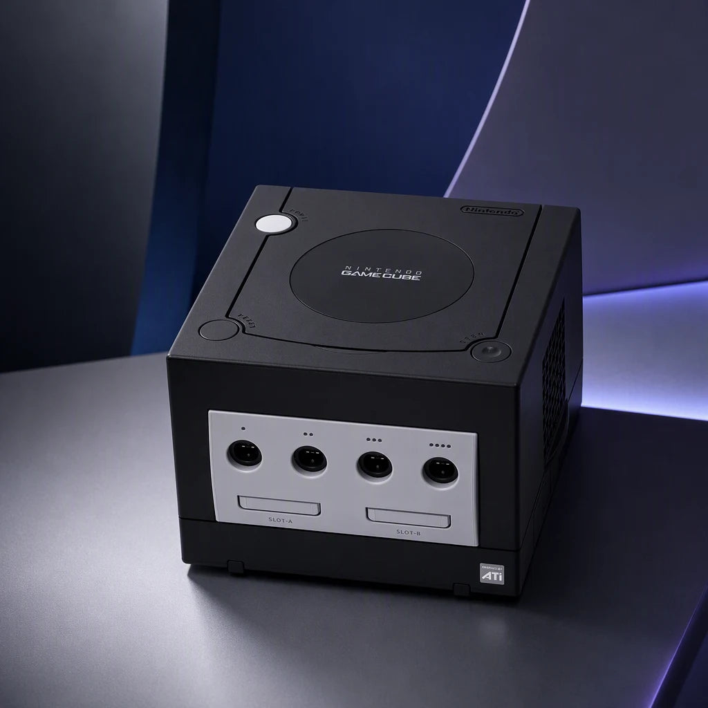 Representative Black Nintendo GameCube system one standalone black Nintendo GameCube console in a bold architectural color set, not the specific RGM unit